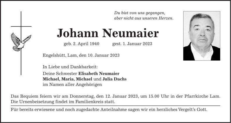 Traueranzeige Johann Neumaier