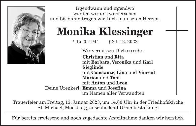 Traueranzeige Monika Klessinger