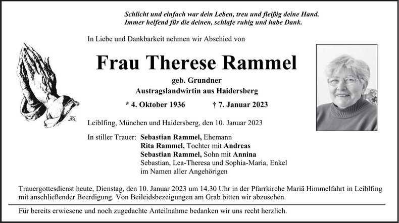 Traueranzeige Therese Rammel