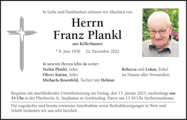 Traueranzeige Franz Plankl
