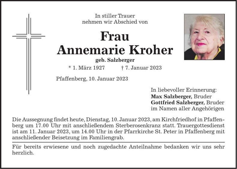 Traueranzeige Annemarie Kroher