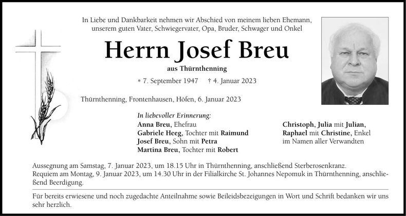 Traueranzeige Josef Breu