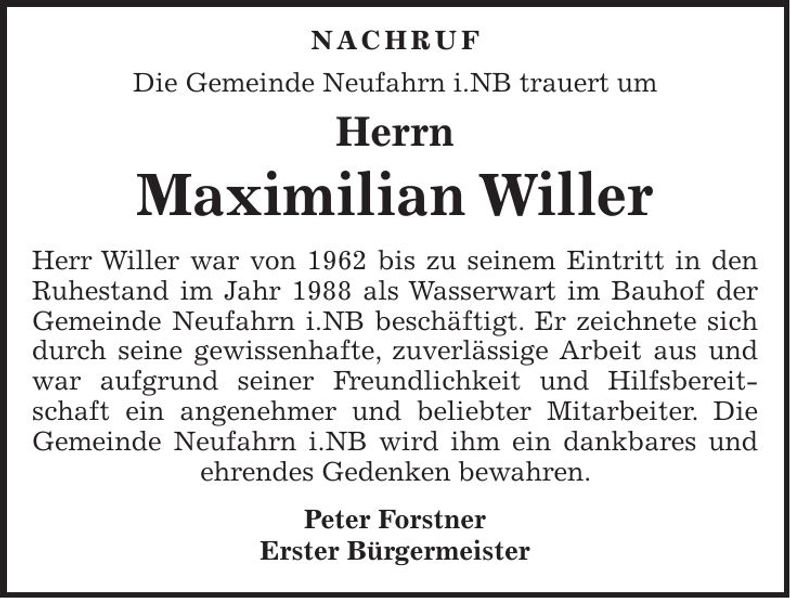 Traueranzeige Maximilian Willer