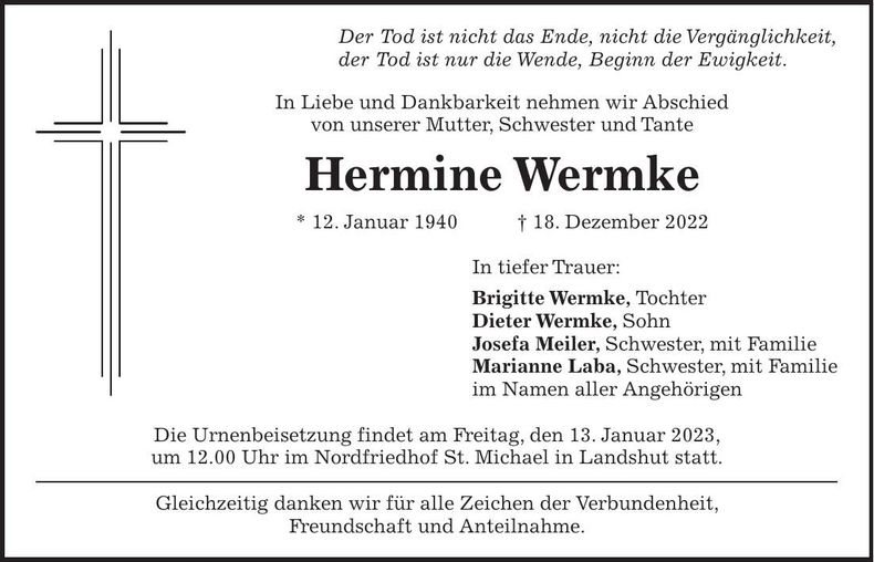 Traueranzeige Hermine Wermke