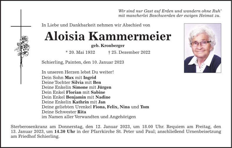 Traueranzeige Aloisia Kammermeier