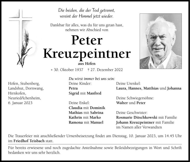 Traueranzeige Peter Kreuzpeintner