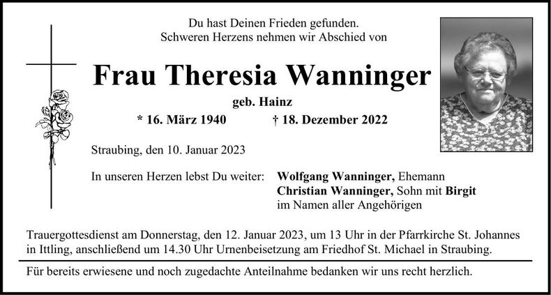 Traueranzeige Theresia Wanninger