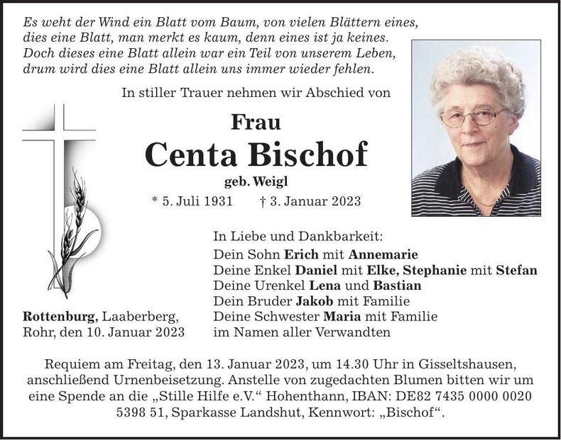 Traueranzeige Centa Bischof