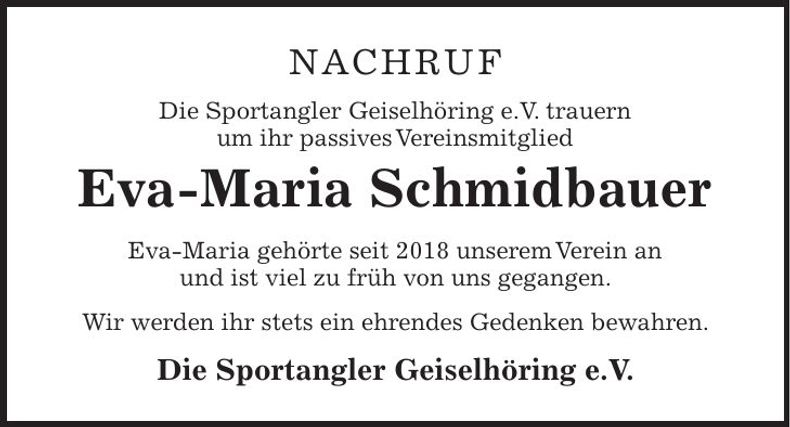Traueranzeige Eva-Maria Schmidbauer