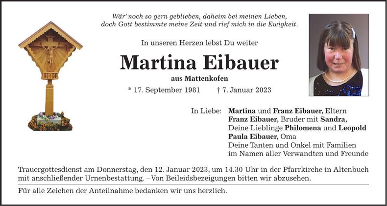 Traueranzeige Martina Eibauer