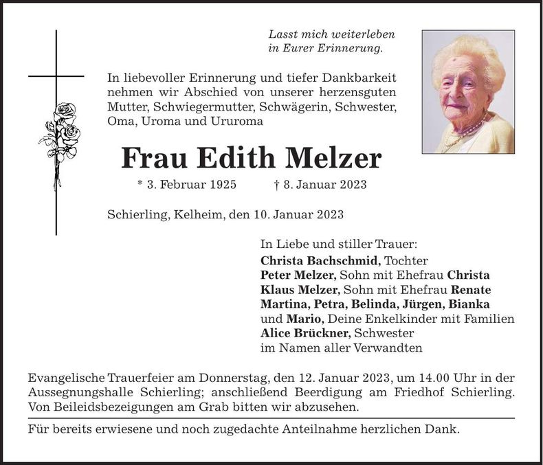 Traueranzeige Edith Melzer