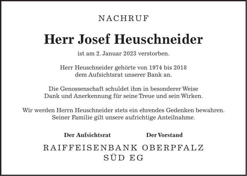 Traueranzeige Josef Heuschneider