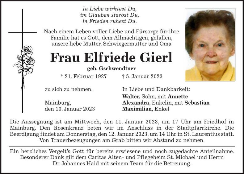 Traueranzeige Elfriede Gierl