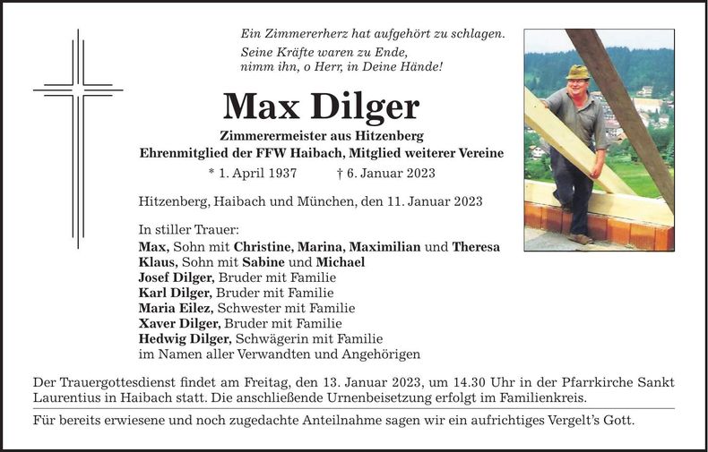 Traueranzeige Max Dilger sen.