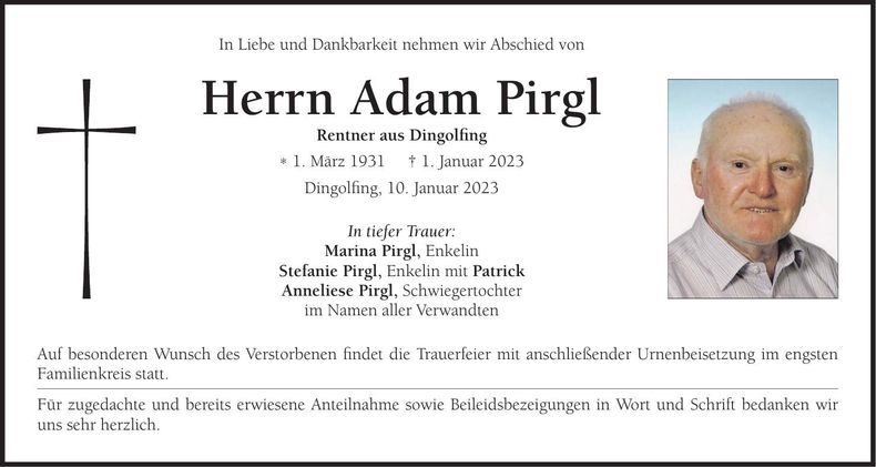 Traueranzeige Adam Pirgl