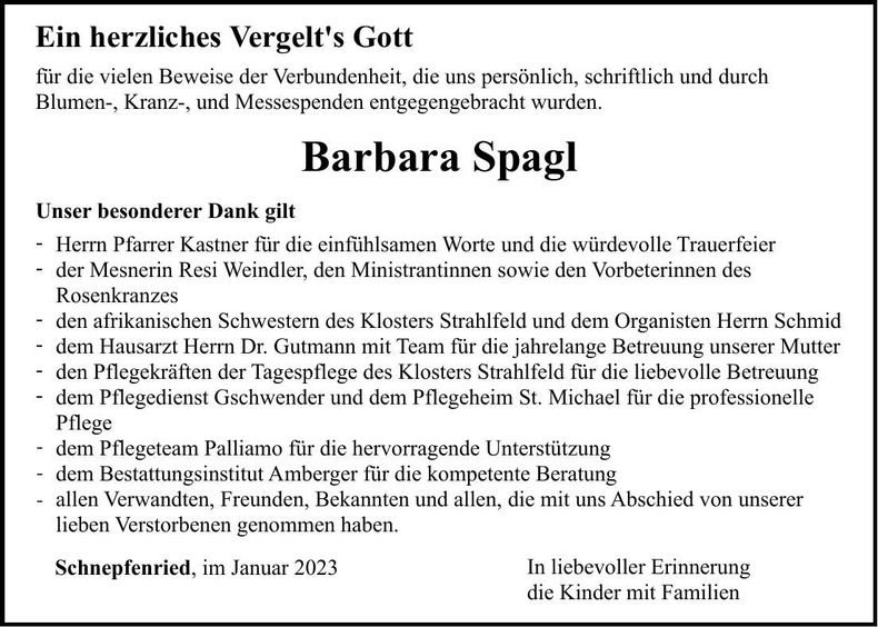 Traueranzeige Barbara Spagl