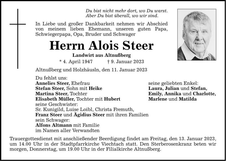 Traueranzeige Alois Steer