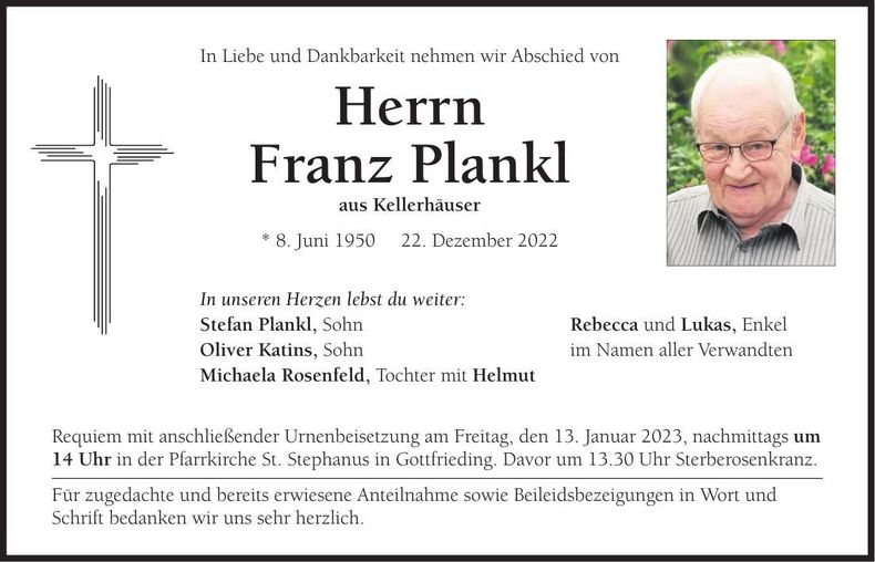 Traueranzeige Franz Plankl