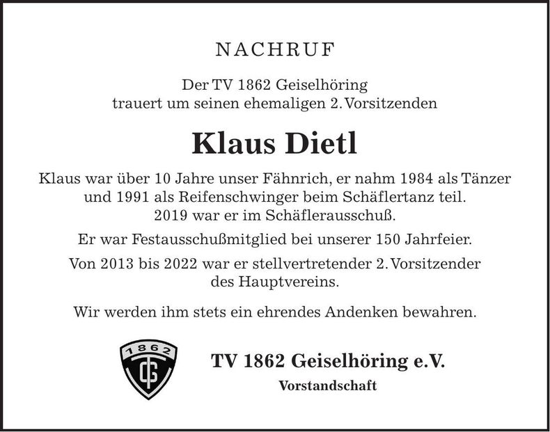 Traueranzeige Klaus Dietl
