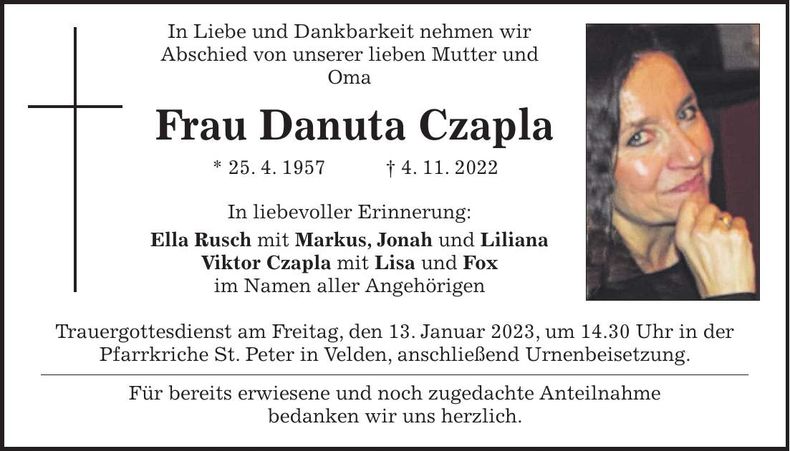 Traueranzeige Danuta Czapla