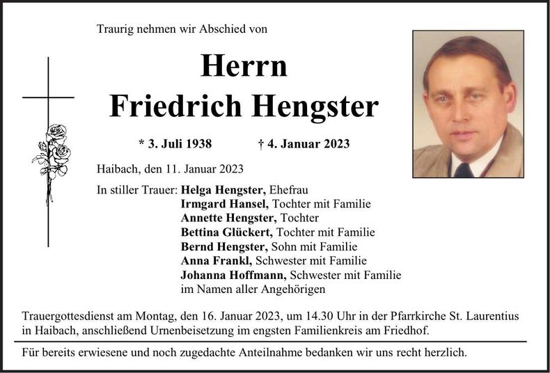 Traueranzeige Friedrich Hengster