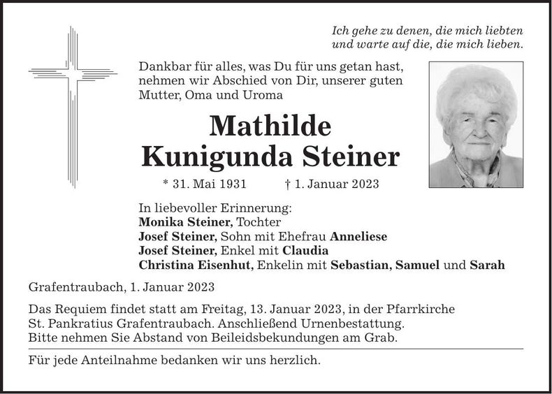 Traueranzeige Mathilde Steiner
