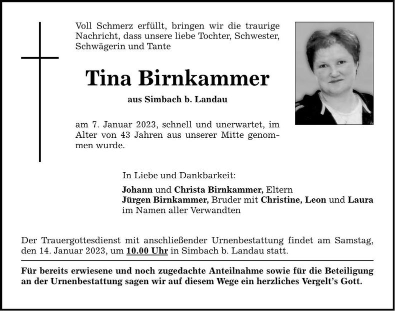 Traueranzeige Tina Birnkammer