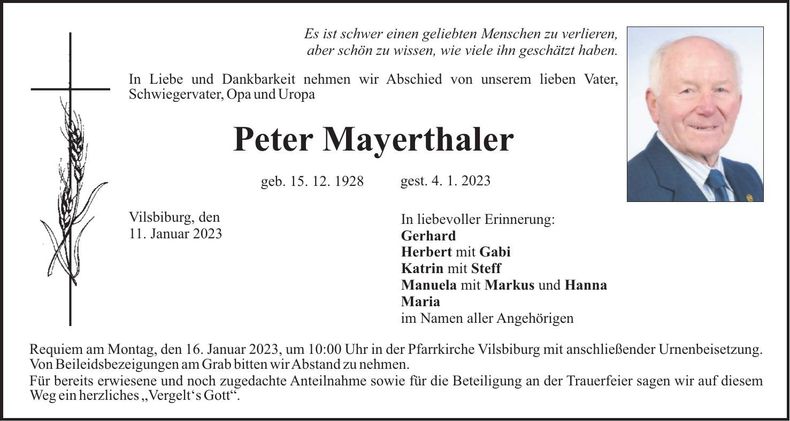 Traueranzeige Peter Mayerthaler