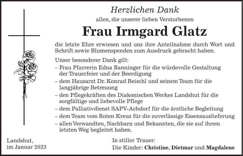 Traueranzeige Irmgard Glatz