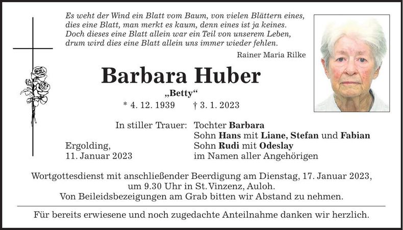 Traueranzeige Barbara Huber
