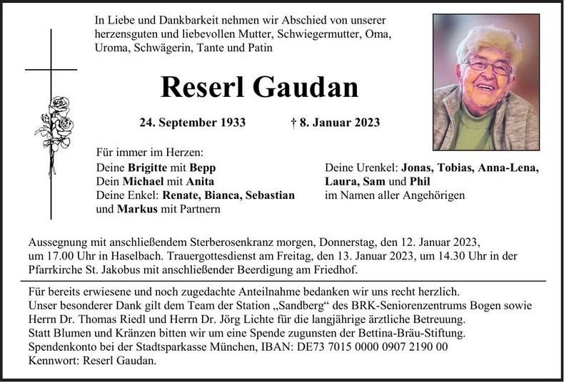 Traueranzeige Reserl Gaudan