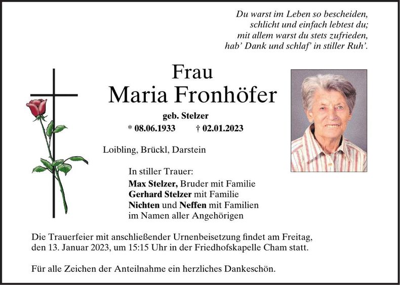Traueranzeige Maria Fronhöfer