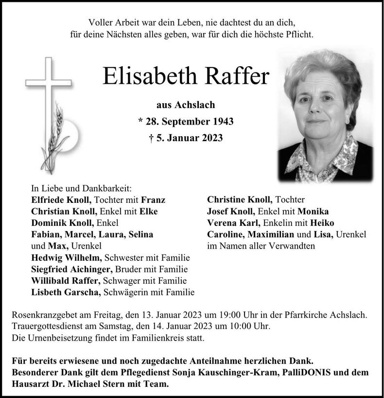 Traueranzeige Elisabeth Raffer