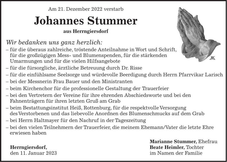 Traueranzeige Johannes Stummer