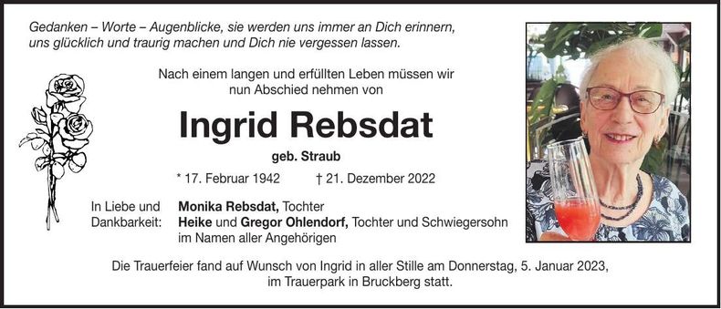 Traueranzeige Ingrid Rebsdat