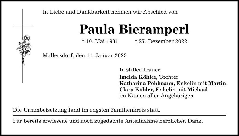 Traueranzeige Paula Bieramperl