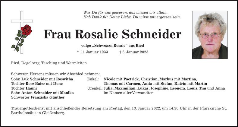 Traueranzeige Rosalie Schneider