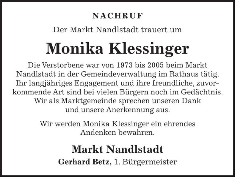Traueranzeige Monika Klessinger