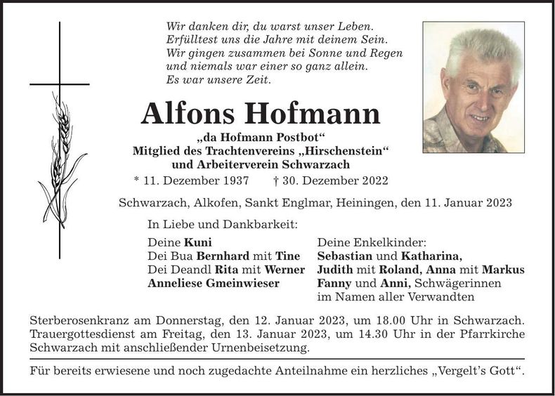 Traueranzeige Alfons Hofmann