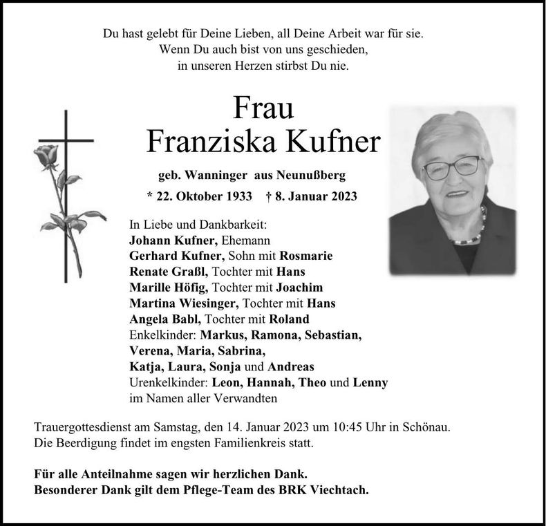 Traueranzeige Franziska Kufner