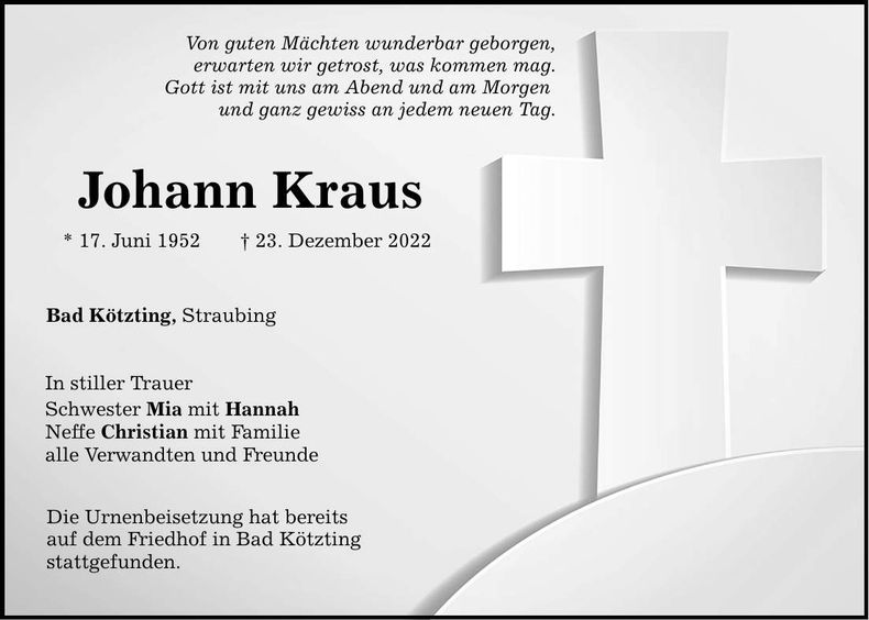 Traueranzeige Johann Kraus