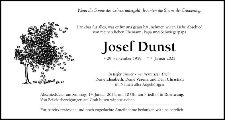Traueranzeige Josef Dunst