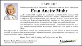 Traueranzeige Anette Muhr