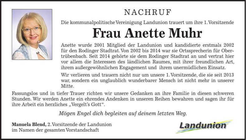 Traueranzeige Anette Muhr