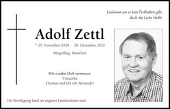 Traueranzeige Adolf Zettl