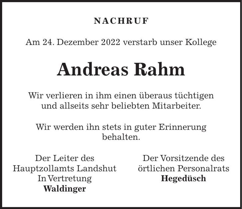 Traueranzeige Andreas Rahm