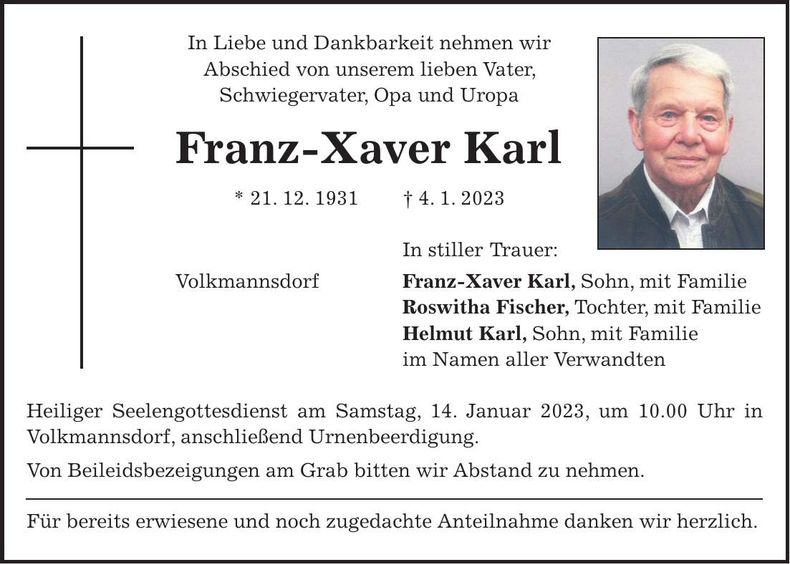 Traueranzeige Franz-Xaver Karl