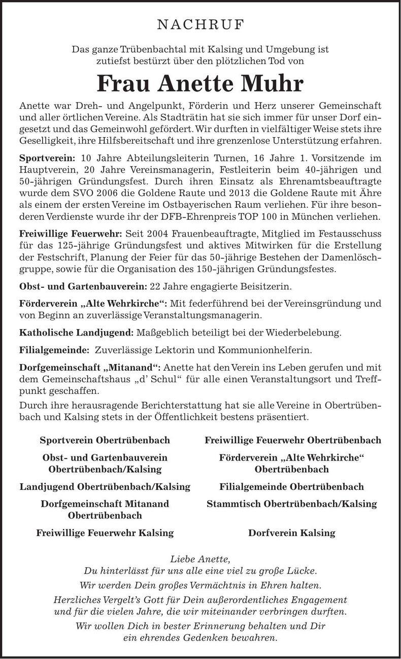 Traueranzeige Anette Muhr