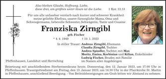 Traueranzeige Franziska Zirngibl