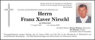 Traueranzeige Franz Xaver Nirschl